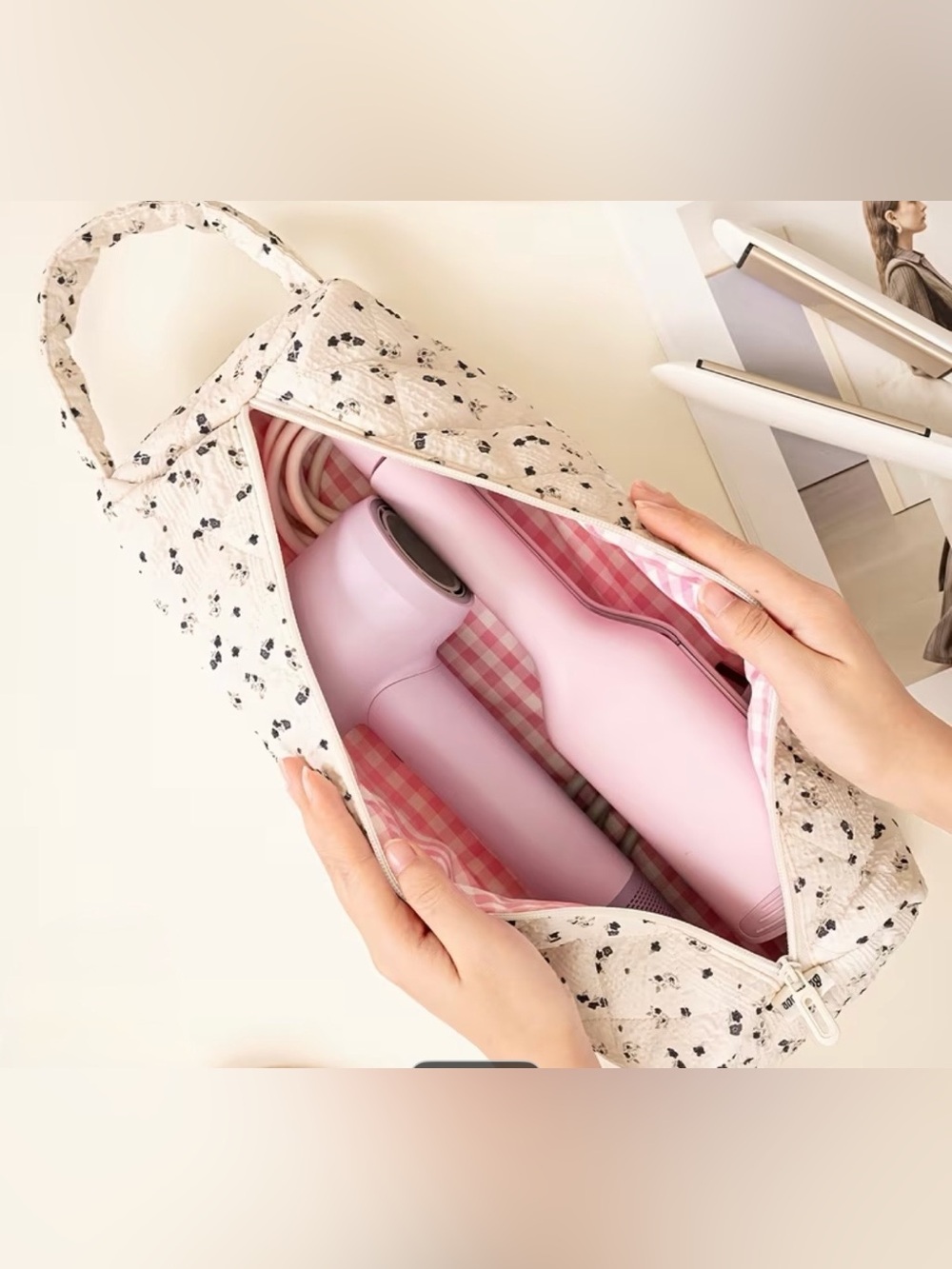Hair Dryer Storage Bag - White Floral Quilted Organizer - Picture 3 of 3
